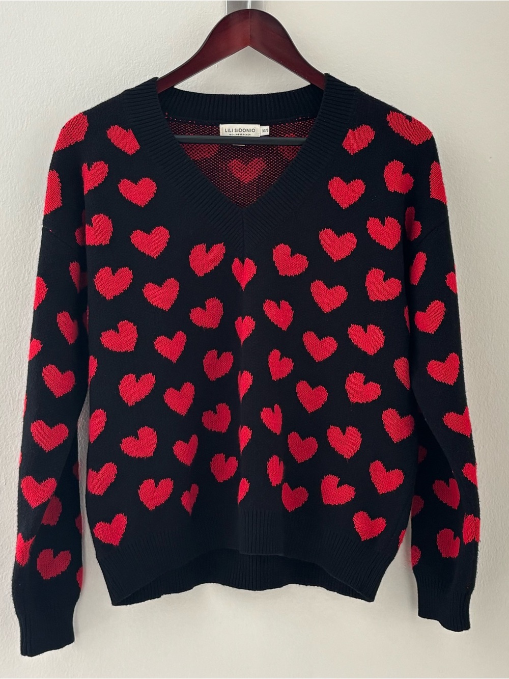 Lili Sidonio Molly Bracken Heart Sweater V-Neck Black Red XS Coquette